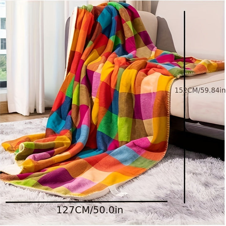Reversible Thick Coral Fleece and Sherpa Blanket with Checkered Pattern | Double-Sided Sherpa Warmth | Throw Blankets