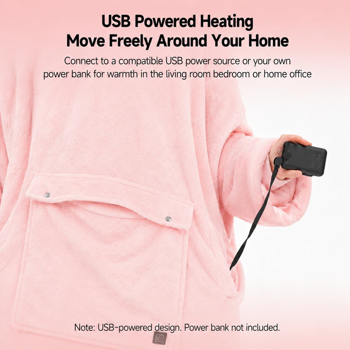 USB Heated Blanket Hoodie with 3 Heating Zones, Thick Flannel, Unisex | Heated Flannel Hoodie Blanket | Heated Blankets