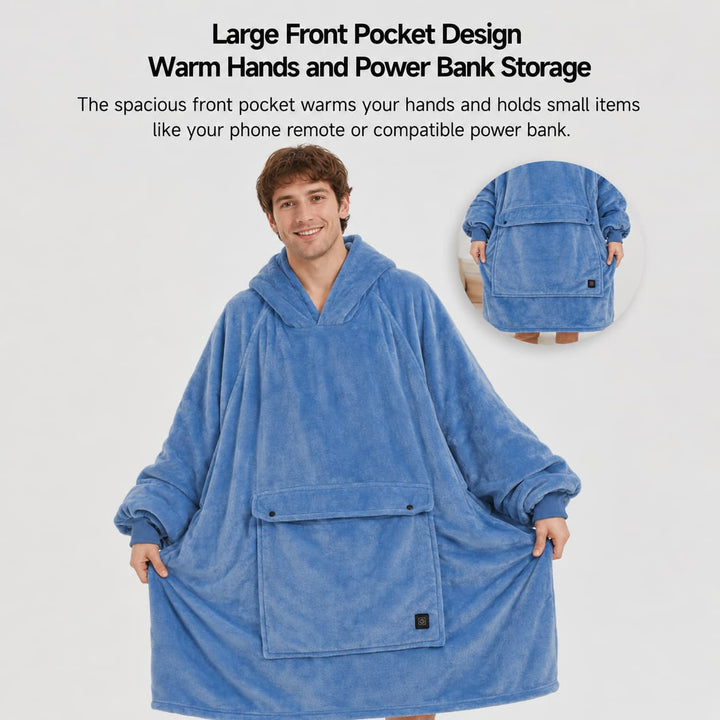 USB Heated Blanket Hoodie with 3 Heating Zones, Thick Flannel, Unisex | Heated Flannel Hoodie Blanket | Heated Blankets
