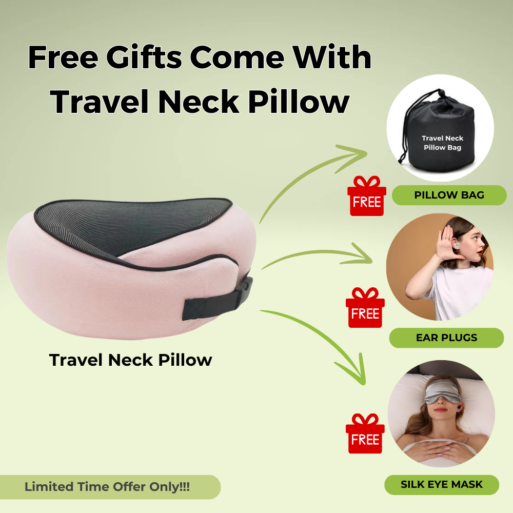Memory Foam Travel Neck Pillow with Snap Closure and Free Eye Mask | Secure Neck Support With Travel Extras | Travel Pillows