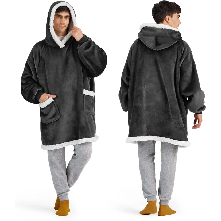 Oversized Flannel Hoodie Blanket with Sherpa Lining, 150 cm | Wearable Warmth Anywhere | Wearable Blankets
