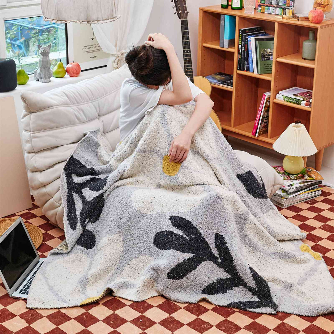 Boho Floral Leaves Microfiber Jacquard Knitted Throw Blanket | Boho Floral Knit Comfort | Throw Blankets