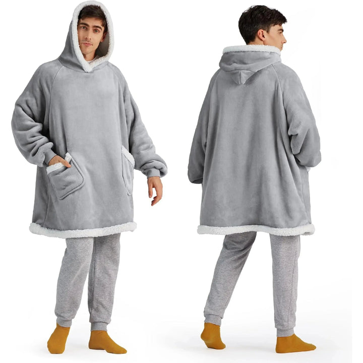 Oversized Flannel Hoodie Blanket with Sherpa Lining, 150 cm | Wearable Warmth Anywhere | Wearable Blankets