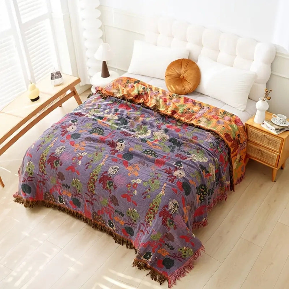 Botanic Floral Reversible Cotton Blanket with Tassel Edging | Woven Blooms, Two Colourways | Throw Blankets