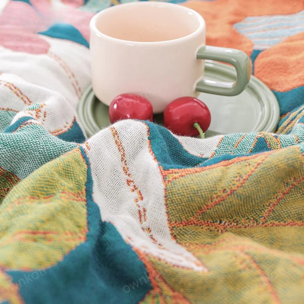 Garden Inspired Botanical Cotton Gauze Blanket, Multi-Layer | Airy Gauze Layers, All Season | Throw Blankets