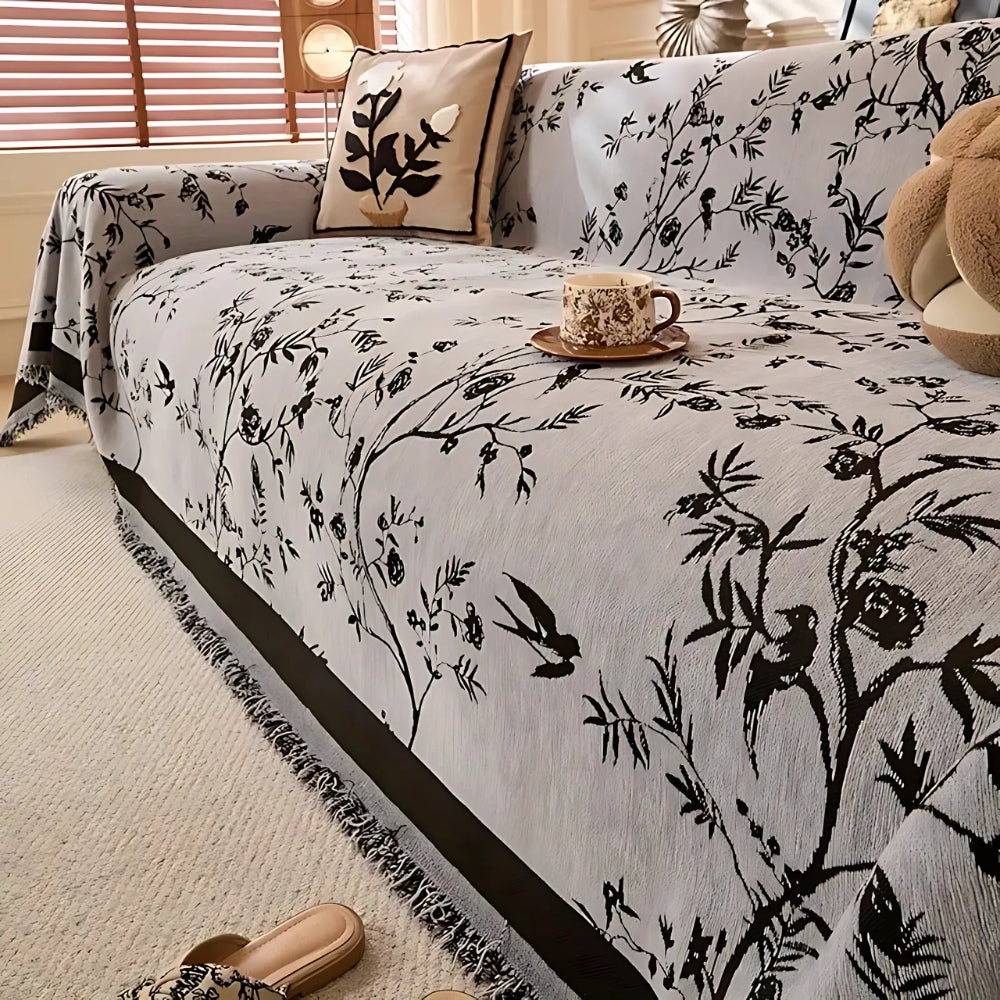 Floral Jacquard Chenille Sofa Cover with Tassel Edging, Anti Slip | Garden-Style Chenille Sofa Cover | Sofa Covers