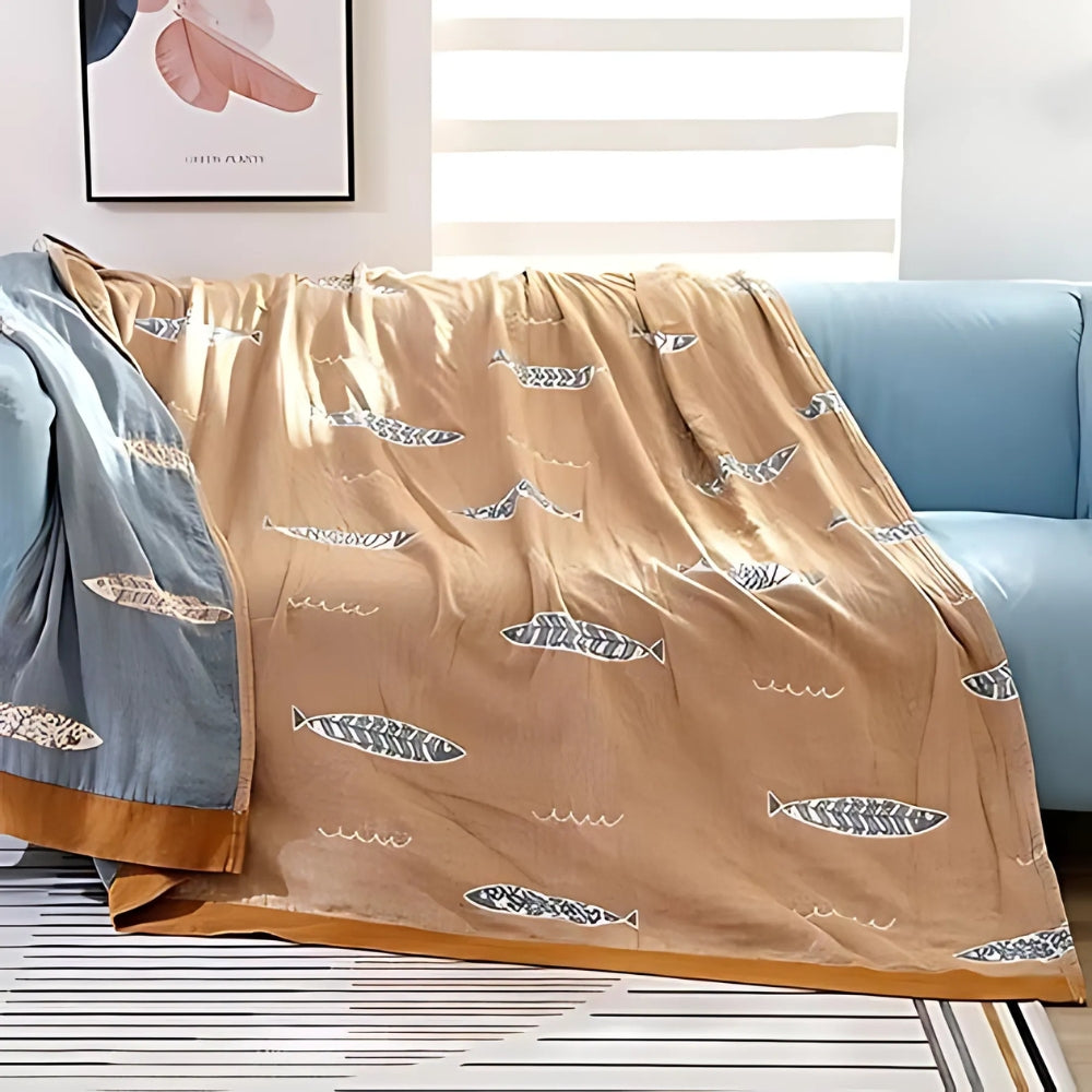 Golden Fish Reversible Cotton Gauze Blanket, Jacquard Weave | Playful Golden Fish on Soft Gauze | Throw Blankets