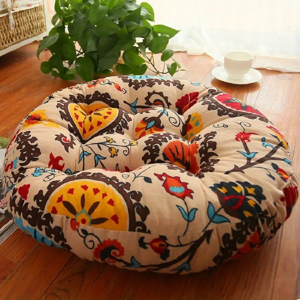 Round Boho Floor Seating Cushion, 18 Inch Cotton Linen | Thick Round Cushion for Floor Seating | Seat Cushions
