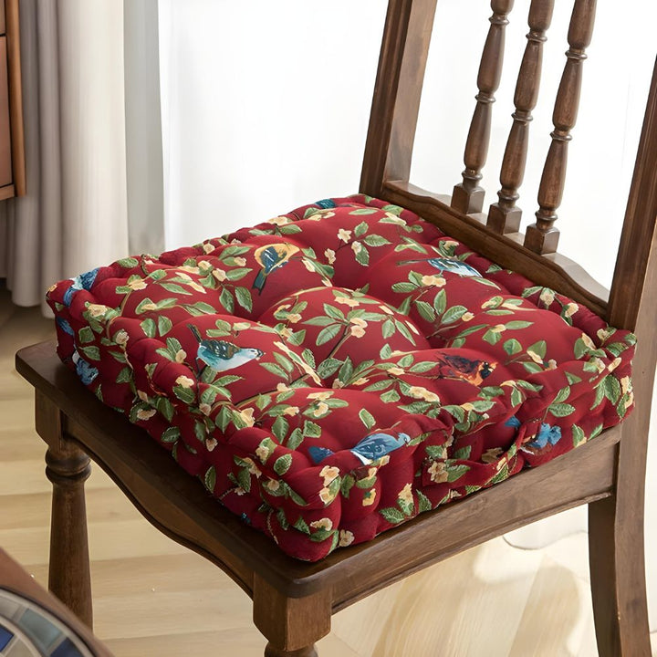 Whimsical Bird and Leaf Chair Cushion, Thick 16.5 Inch with Hand Strap | Storybook Birds for Hard Seats | Seat Cushions