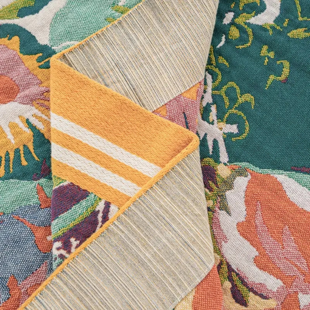 Mid Century Floral Jacquard Reversible Cotton Blanket, Wide Border | Mid Century Blooms, Wide Border | Throw Blankets