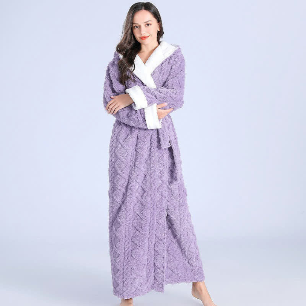 Long Plush Knitted Hooded Robe with Pockets in Soft Fleece | Cozy Hooded Warmth with Pockets | Robes