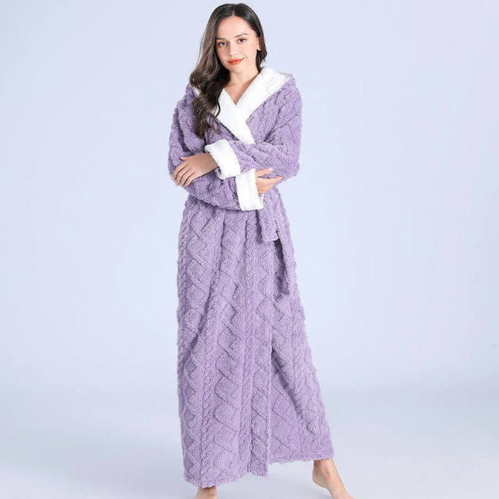 Long Plush Knitted Hooded Robe with Pockets in Soft Fleece | Cozy Hooded Warmth with Pockets | Robes
