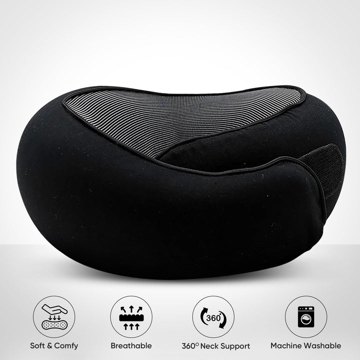 Memory Foam Travel Neck Pillow with Snap Closure and Free Eye Mask | Secure Neck Support With Travel Extras | Travel Pillows