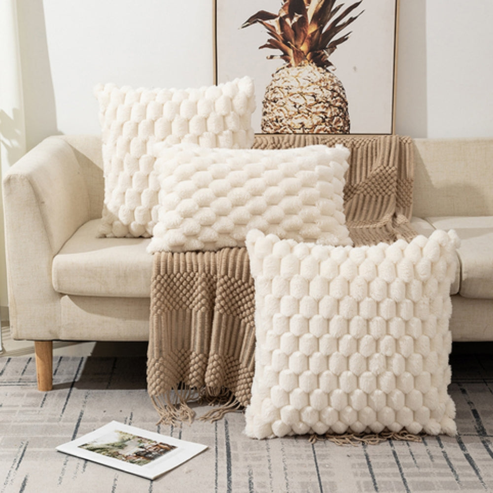 Marshmallow Plush Cushion Cover with 3D Grid Texture and Zipper | Puffy 3D Plush Cushion Covers | Cushion Covers