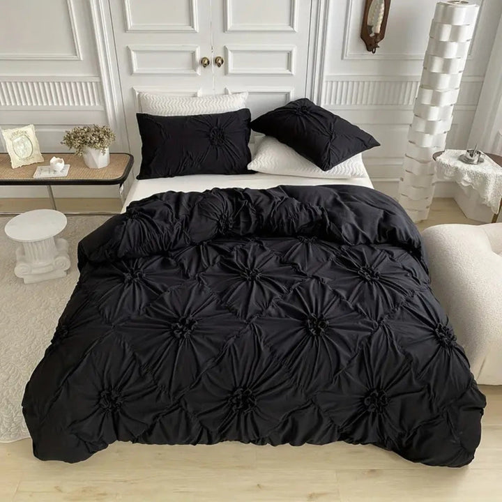 Ruffle Flower Pinch Pleated Duvet Cover Set with Pillowcases | Pinch Pleats and Ruffled Flowers | Bedding Sets