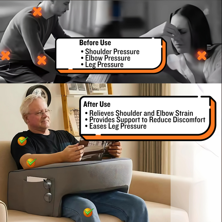 Ergonomic Lap Pillow with Armrests and Shredded Memory Foam in Grey | Armrest Lap Pillow for Lounging | Bed Pillows