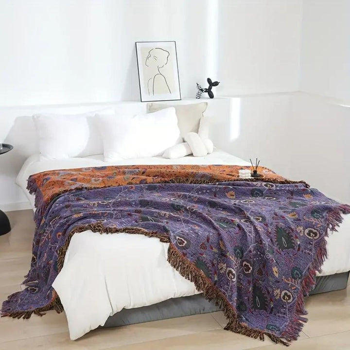 Bohemian Peacock Cotton Gauze Tassel Blanket in Two Sizes | Peacock Pattern in Cotton Gauze | Throw Blankets