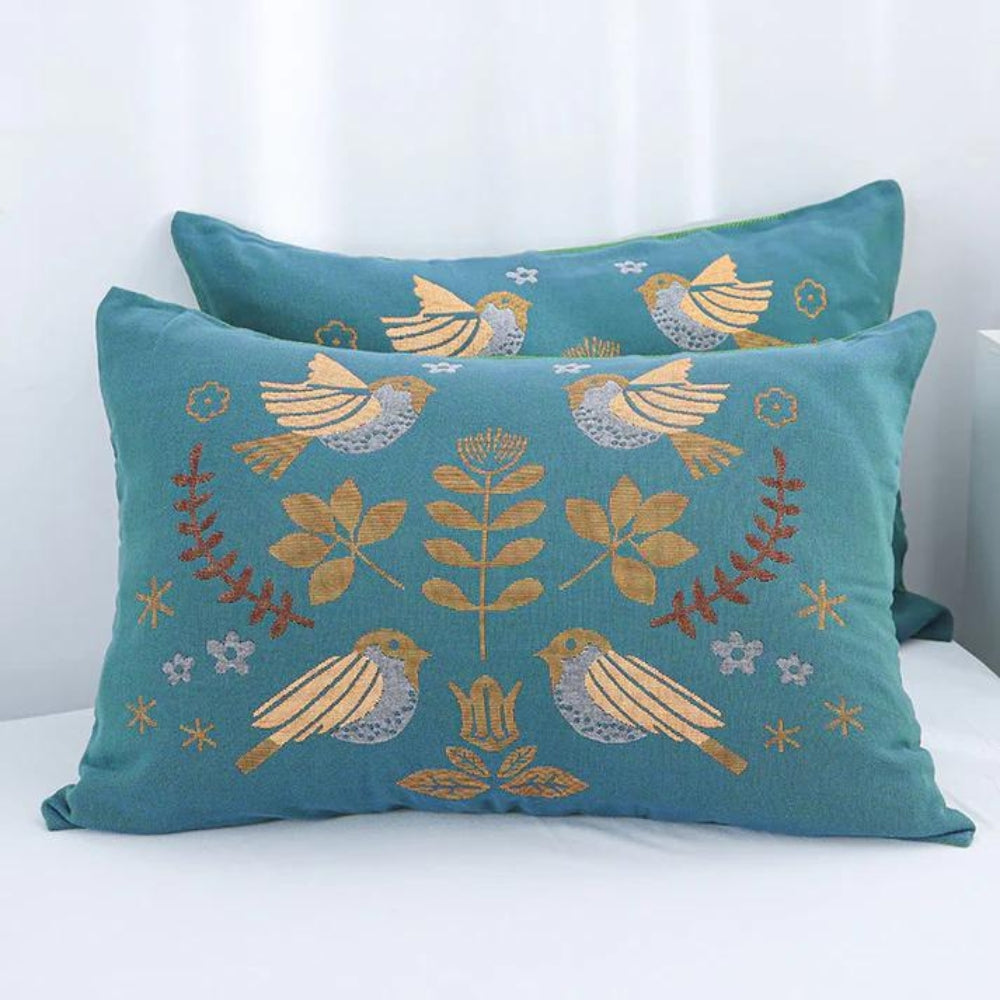 Scandinavian Bird Jacquard Cotton Gauze Pillowcases, Set of 2 | Soft Gauze with Floral Birds | Pillowcases