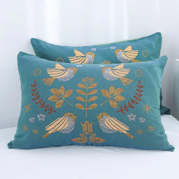 Scandinavian Bird Jacquard Cotton Gauze Pillowcases, Set of 2 | Soft Gauze with Floral Birds | Pillowcases
