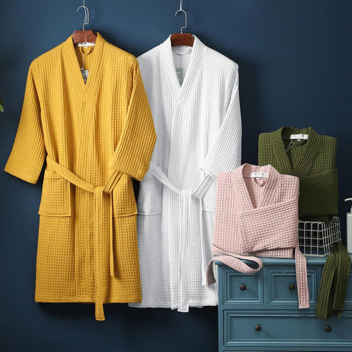 V-Neck Double-Layer Cotton Waffle Bathrobe with Pockets | Light, Absorbent Waffle Comfort | Robes