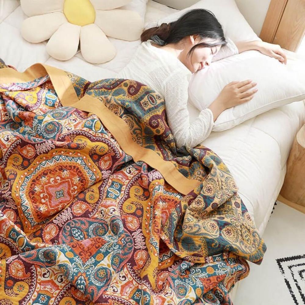 Sunrise Boho Reversible Cooling Cotton Blanket, Double Sided | Cooling Side, Knitted Side | Throw Blankets
