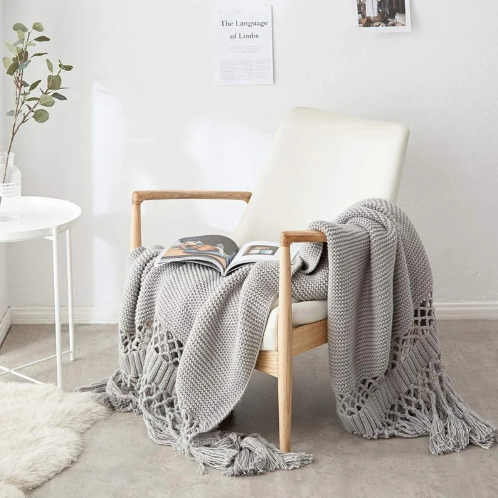 Knit Woven Tassel Throw Blanket in Calming Colours | Boho Knit Texture with Tassels | Throw Blankets