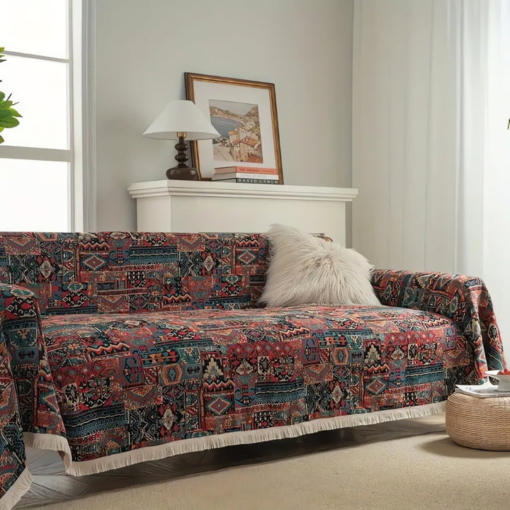 Bohemian Moroccan Chenille Sofa Cover with Tassels, Seven Sizes | Moroccan Pattern for Any Sofa Size | Sofa Covers