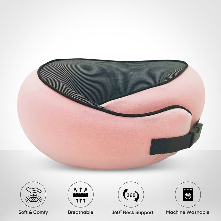 Memory Foam Travel Neck Pillow with Snap Closure and Free Eye Mask | Secure Neck Support With Travel Extras | Travel Pillows