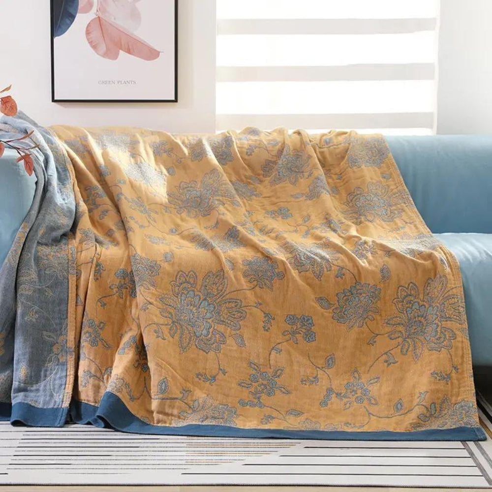 Five-Layer Floral Cotton Gauze Blanket in Throw and Bed Sizes | Five Soft Layers of Cotton Gauze | Throw Blankets