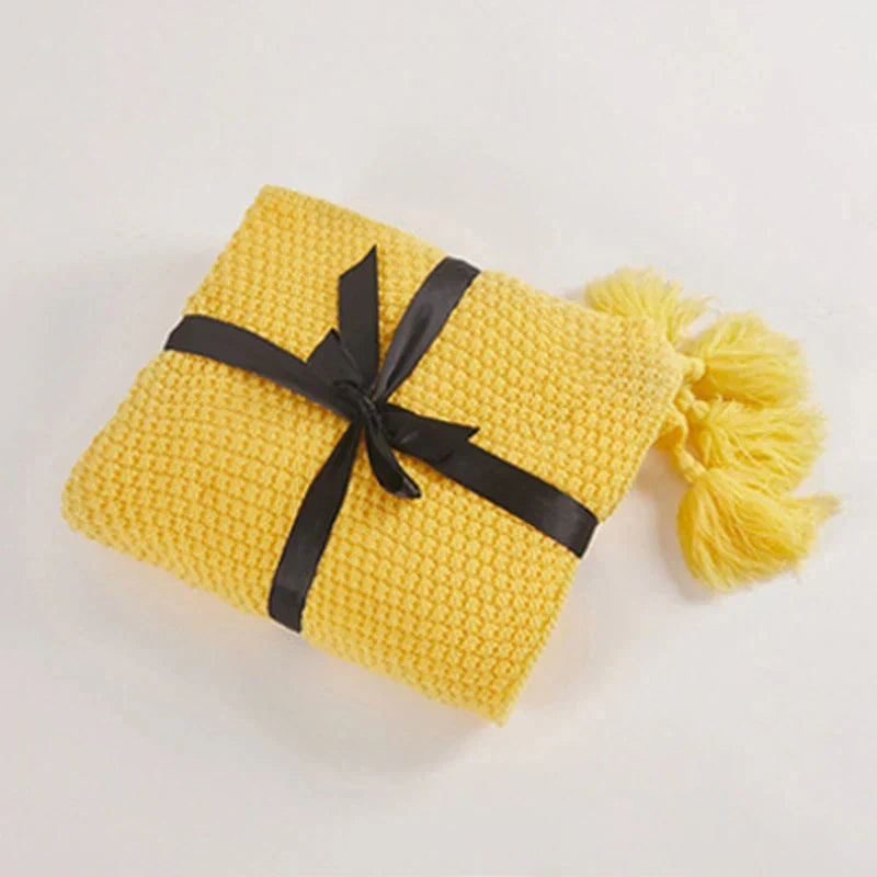 Handwoven Wool Blanket with Fringe and Knitted Pom-Poms | Scandinavian Wool Warmth with Fringe | Throw Blankets