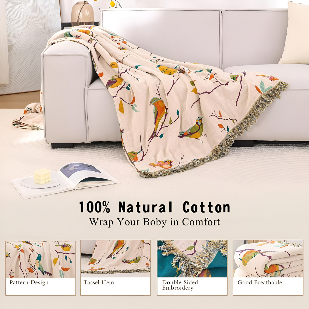 Whimsical Bird Cotton Tassel Blanket, Queen Size | Woven Bird Pattern with Fringe | Throw Blankets