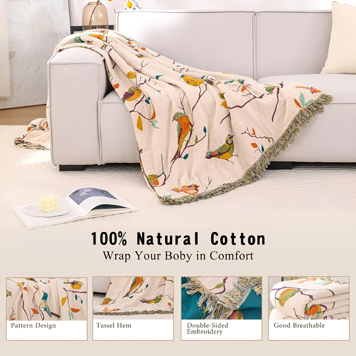 Whimsical Bird Cotton Tassel Blanket, Queen Size | Woven Bird Pattern with Fringe | Throw Blankets