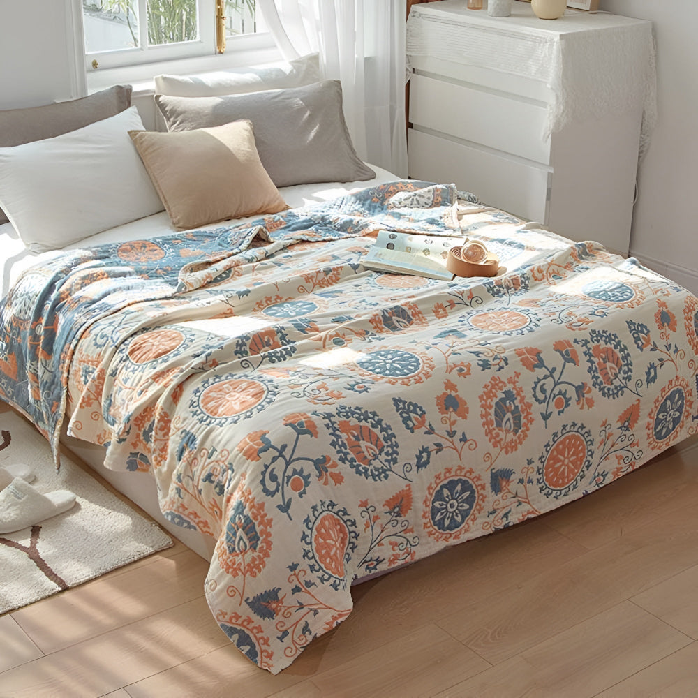 Rustic Floral Reversible Organic Cotton Blanket in Two Sizes | Two Looks in One Organic Blanket | Throw Blankets