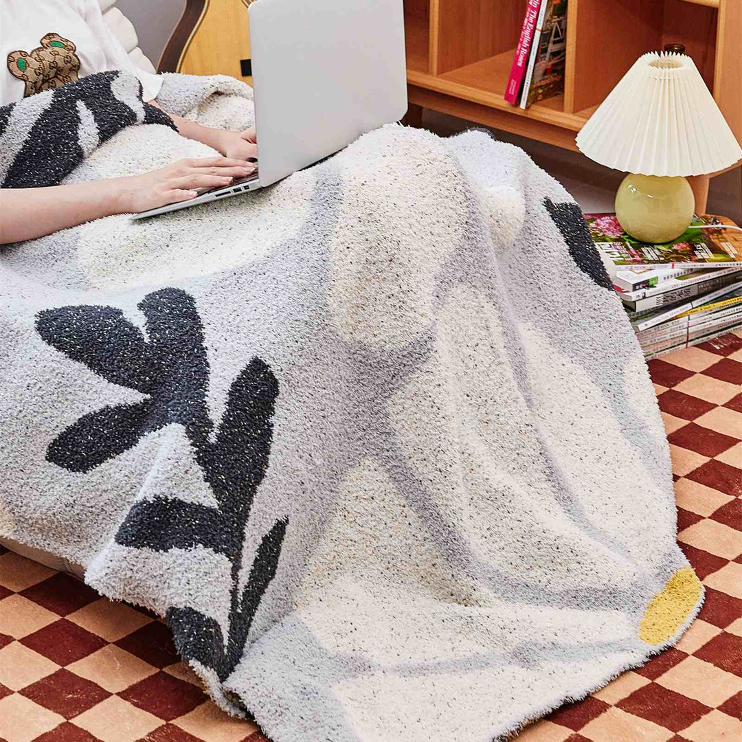 Boho Floral Leaves Microfiber Jacquard Knitted Throw Blanket | Boho Floral Knit Comfort | Throw Blankets