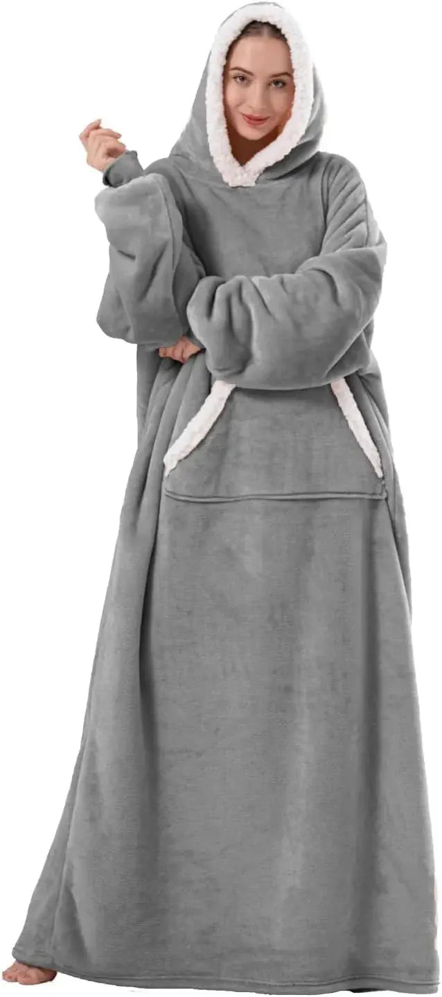 Oversized Flannel Hoodie Blanket with Sherpa Lining, 150 cm | Wearable Warmth Anywhere | Wearable Blankets