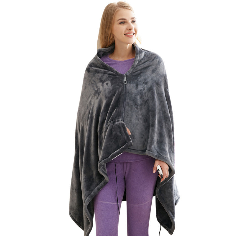Grey USB heated shawl around the shoulders