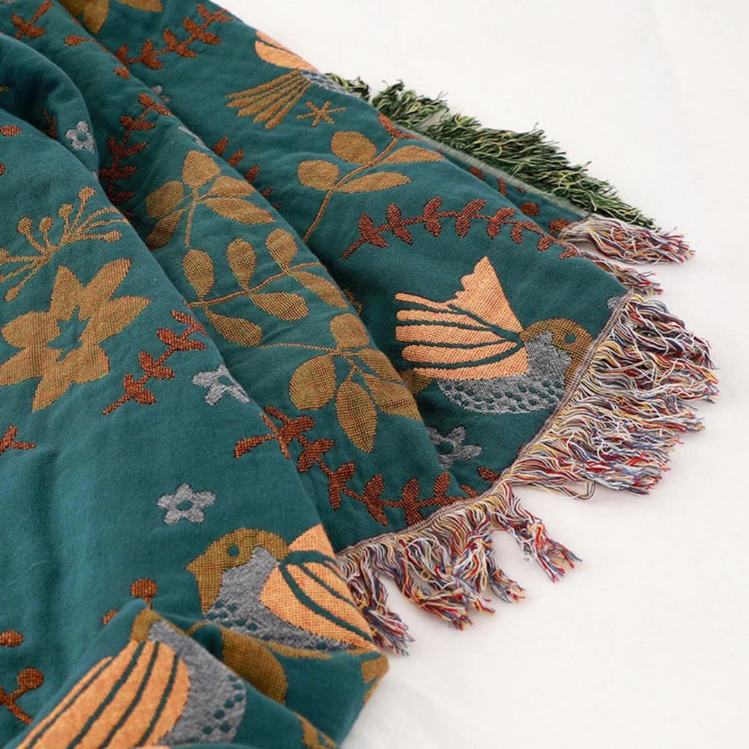 Reversible Cotton Scandinavian Bird Throw Blanket in Three Sizes | Two Looks in One Cotton Throw | Throw Blankets