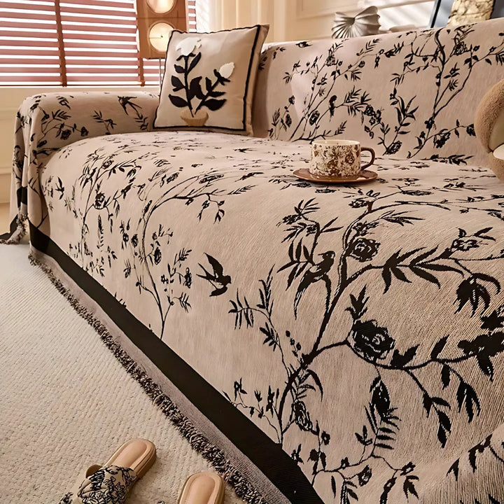 Floral Jacquard Chenille Sofa Cover with Tassel Edging, Anti Slip | Garden-Style Chenille Sofa Cover | Sofa Covers