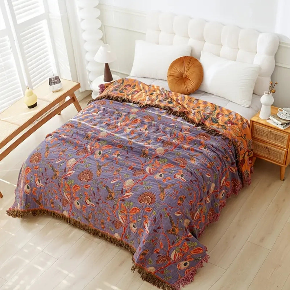 Botanic Floral Reversible Cotton Blanket with Tassel Edging | Woven Blooms, Two Colourways | Throw Blankets