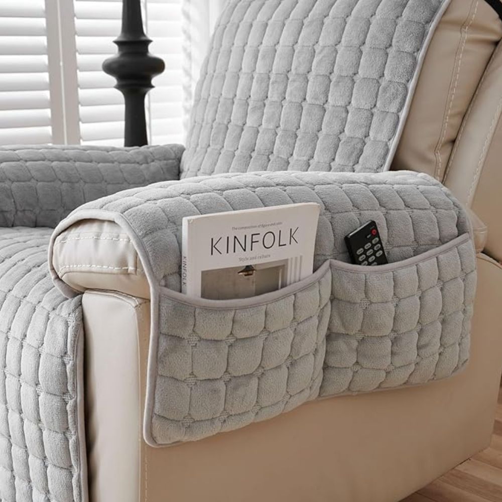 Quilted Non Slip Recliner Cover with Grid Stitching and Side Pocket | Quilted Recliner Cover with Pocket | Recliner Covers
