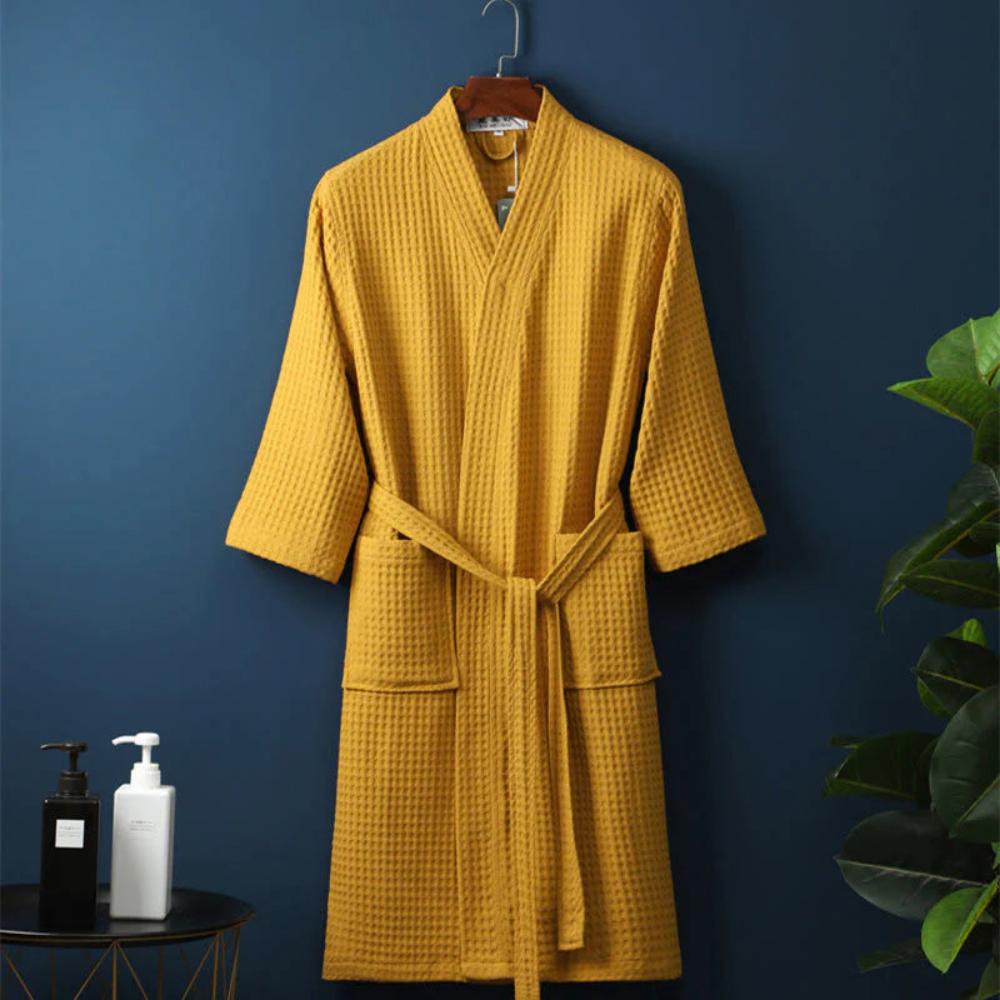 V-Neck Double-Layer Cotton Waffle Bathrobe with Pockets | Light, Absorbent Waffle Comfort | Robes