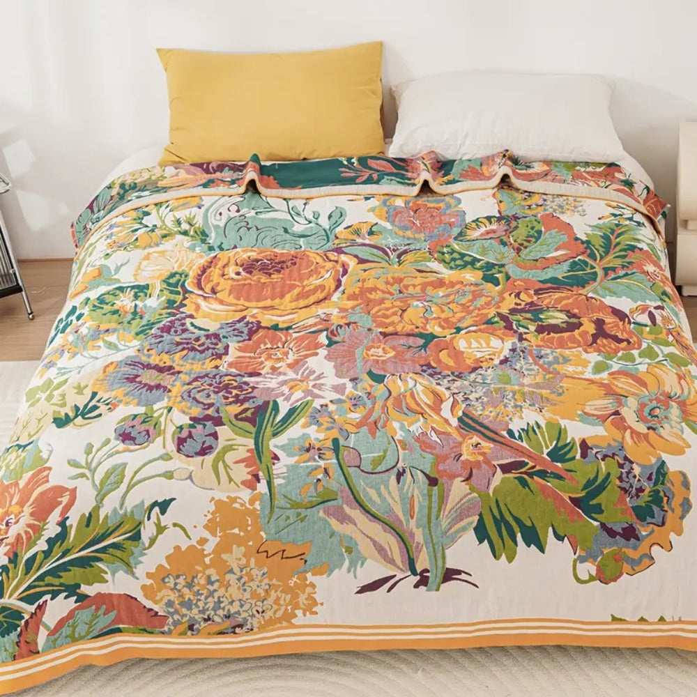 Mid Century Floral Jacquard Reversible Cotton Blanket, Wide Border | Mid Century Blooms, Wide Border | Throw Blankets