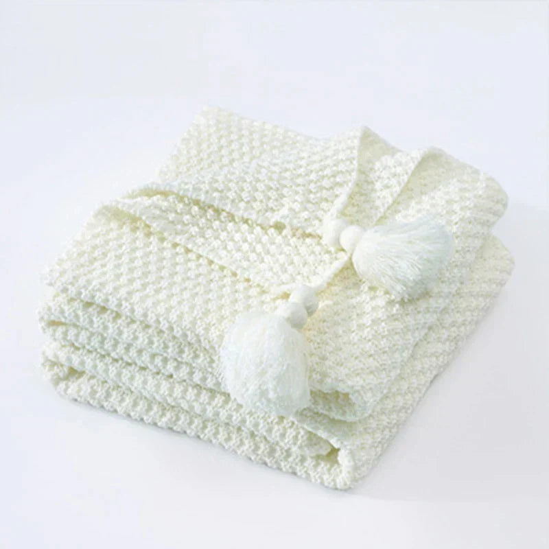 Handwoven Wool Blanket with Fringe and Knitted Pom-Poms | Scandinavian Wool Warmth with Fringe | Throw Blankets