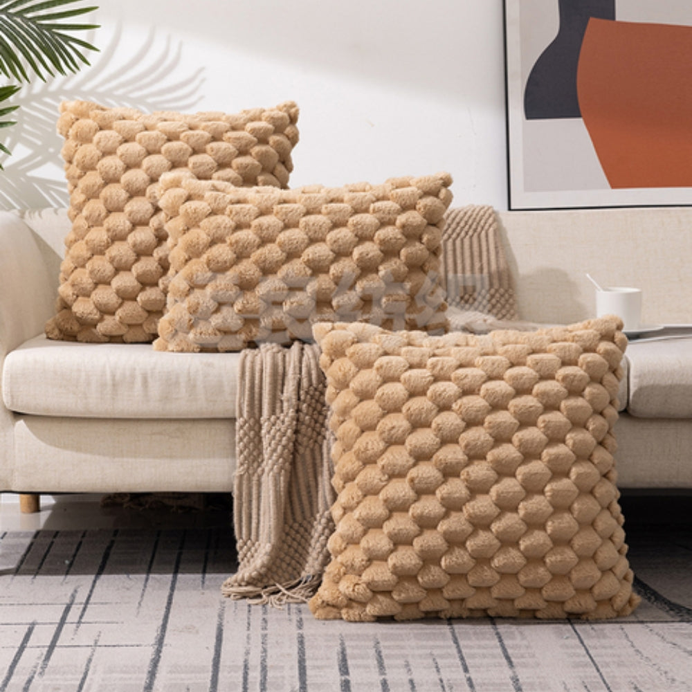 Marshmallow Plush Cushion Cover with 3D Grid Texture and Zipper | Puffy 3D Plush Cushion Covers | Cushion Covers