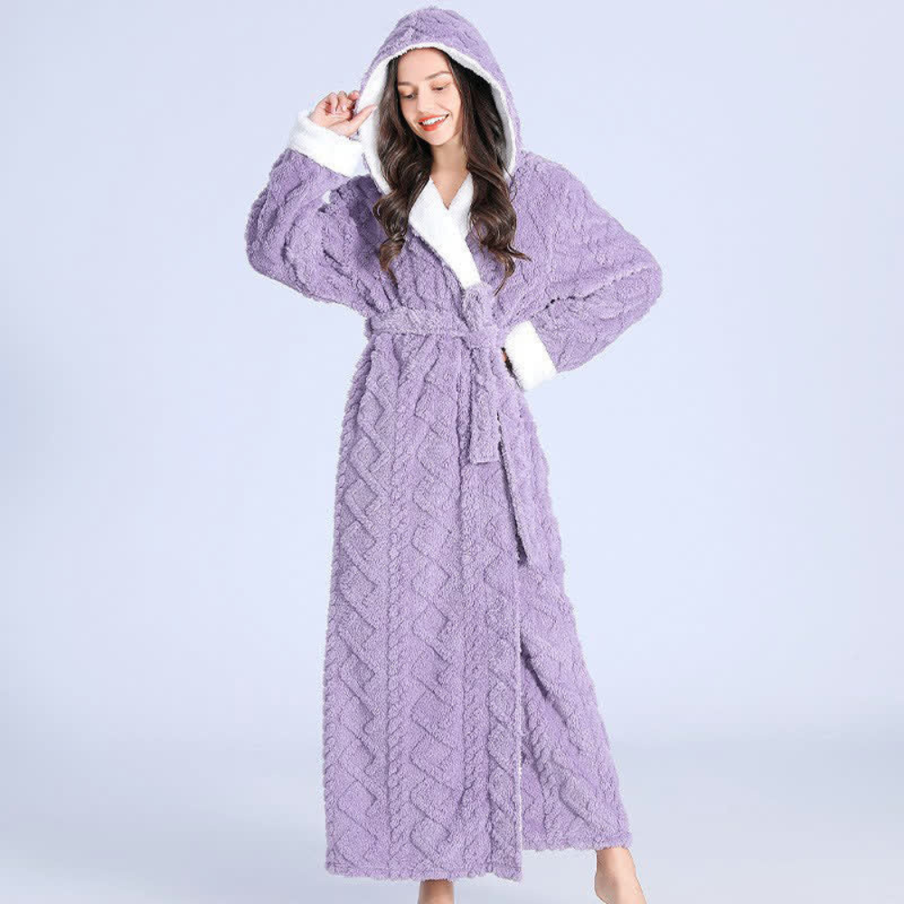 Long Plush Knitted Hooded Robe with Pockets in Soft Fleece | Cozy Hooded Warmth with Pockets | Robes