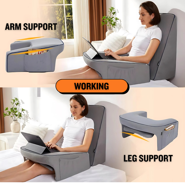 Ergonomic Lap Pillow with Armrests and Shredded Memory Foam in Grey | Armrest Lap Pillow for Lounging | Bed Pillows