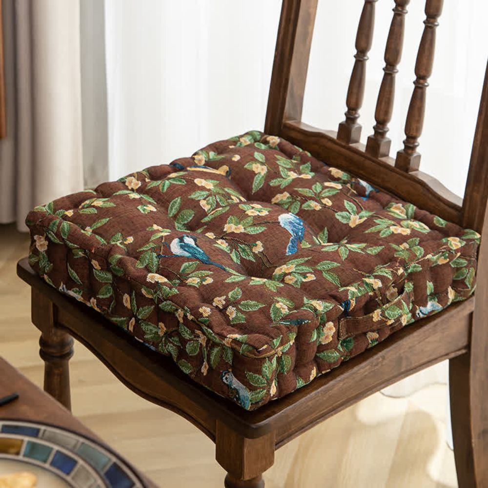 Whimsical Bird and Leaf Chair Cushion, Thick 16.5 Inch with Hand Strap | Storybook Birds for Hard Seats | Seat Cushions