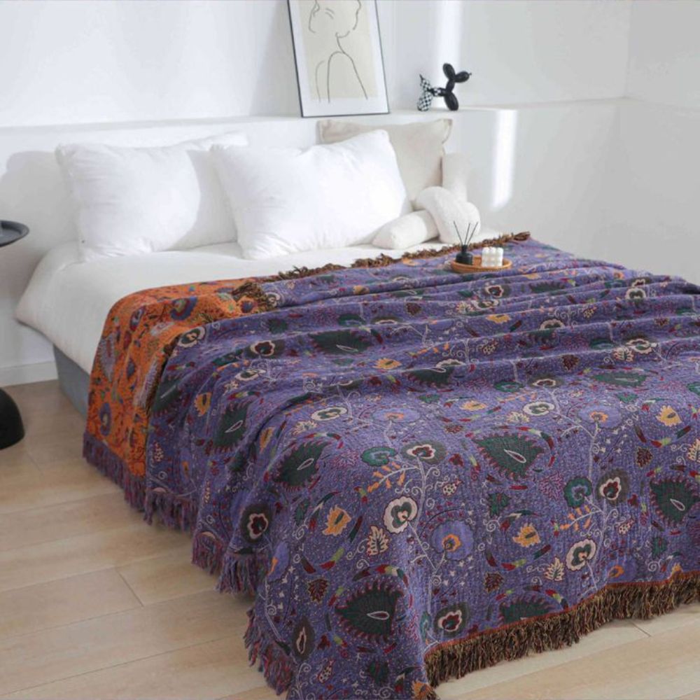 Bohemian Peacock Cotton Gauze Tassel Blanket in Two Sizes | Peacock Pattern in Cotton Gauze | Throw Blankets