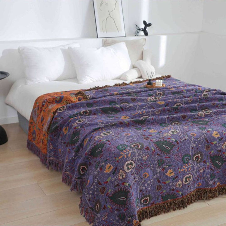 Bohemian Peacock Cotton Gauze Tassel Blanket in Two Sizes | Peacock Pattern in Cotton Gauze | Throw Blankets