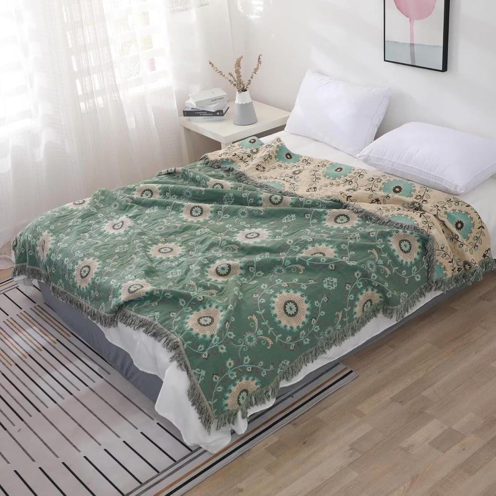Reversible Retro Mandala Cotton Blanket in Green or Red | Retro Mandala, Everyday Cotton | Throw Blankets